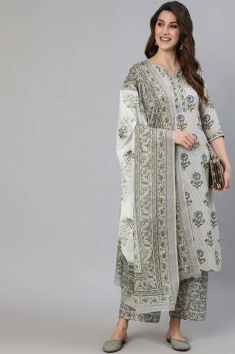 Grey printed pure cotton kurta trouser dupatta set