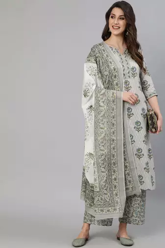 Grey printed pure cotton kurta trouser dupatta set