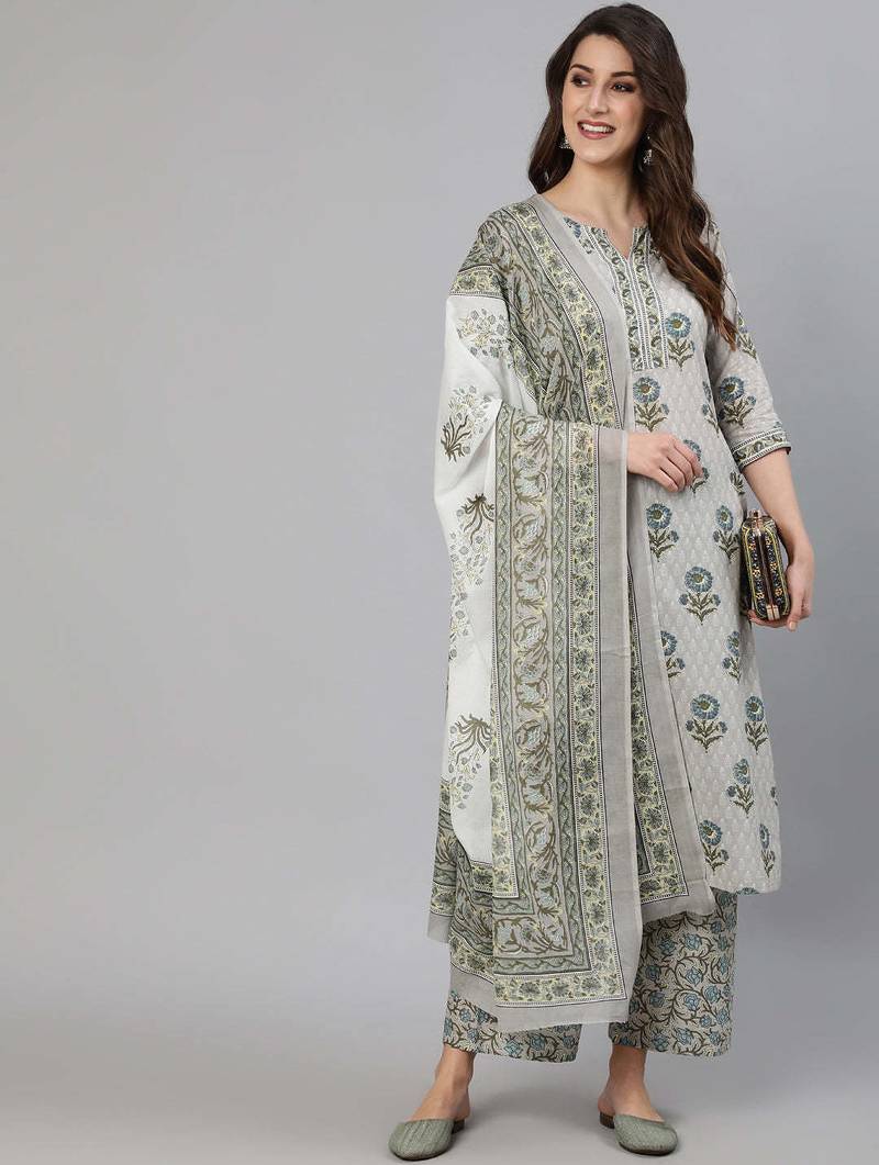 Grey printed pure cotton kurta trouser dupatta set
