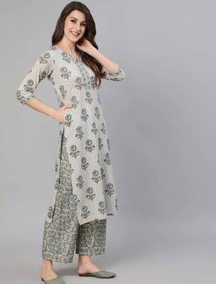 Grey printed pure cotton kurta trouser dupatta set 5