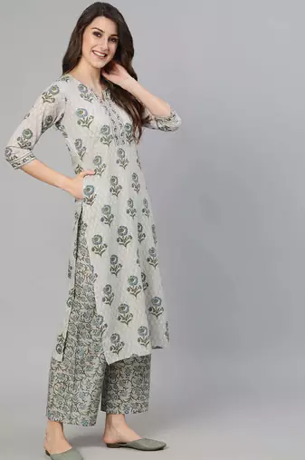 Grey printed pure cotton kurta trouser dupatta set