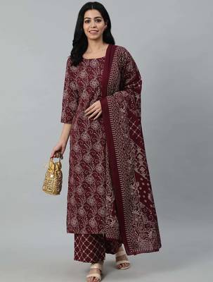 Burgundy printed pure cotton kurta trouser dupatta set 1