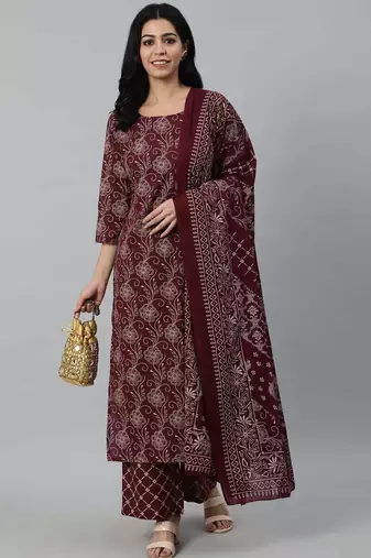 Burgundy printed pure cotton kurta trouser dupatta set