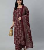 Burgundy printed pure cotton kurta trouser dupatta set