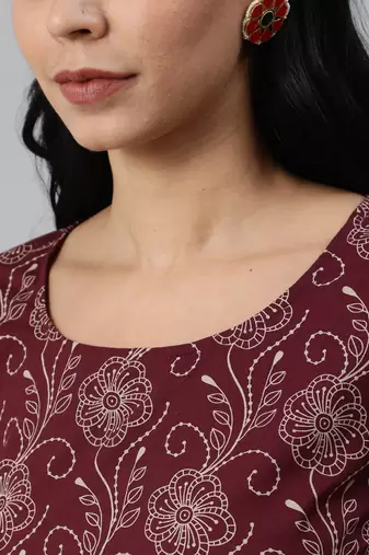 Burgundy printed pure cotton kurta trouser dupatta set