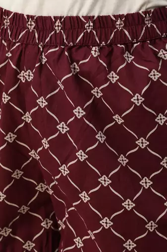 Burgundy printed pure cotton kurta trouser dupatta set