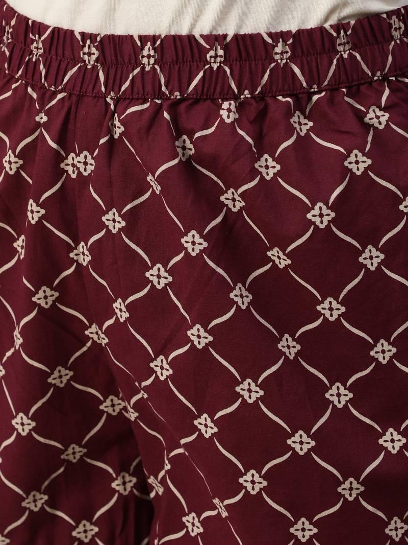 Burgundy printed pure cotton kurta trouser dupatta set
