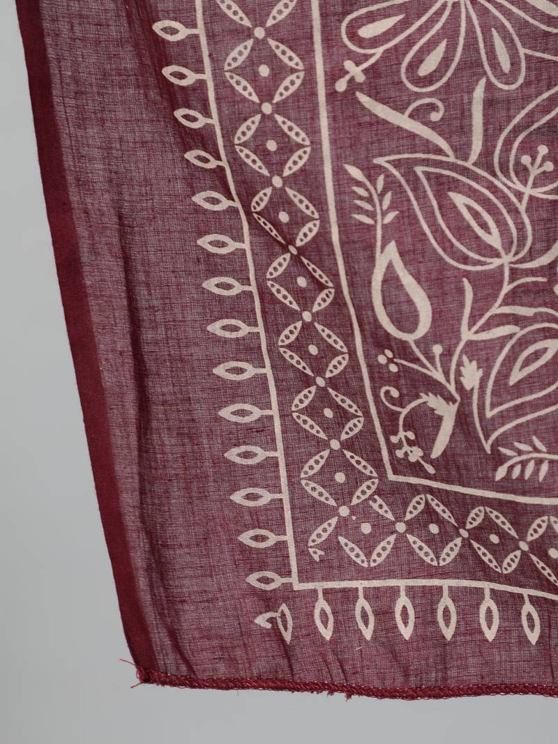 Burgundy printed pure cotton kurta trouser dupatta set