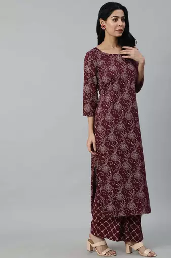 Burgundy printed pure cotton kurta trouser dupatta set