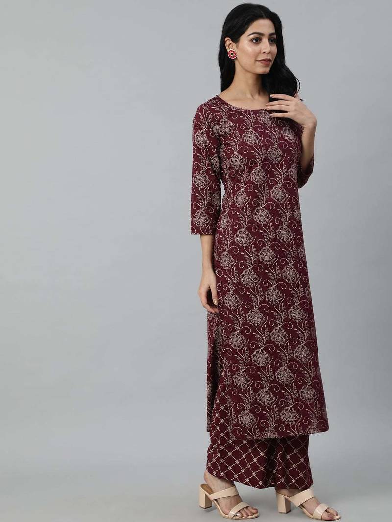 Burgundy printed pure cotton kurta trouser dupatta set