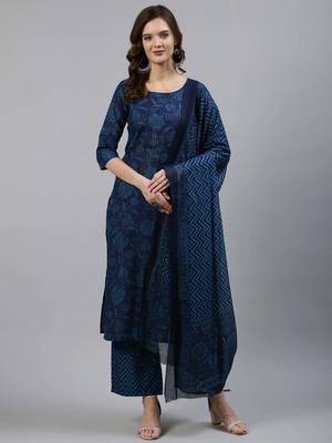 Blue printed pure cotton kurta trouser dupatta set 1