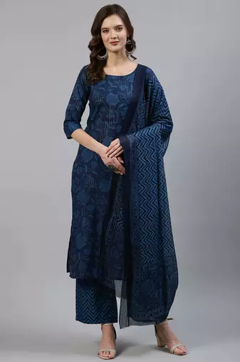 Blue printed pure cotton kurta trouser dupatta set