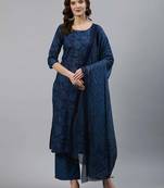 Blue printed pure cotton kurta trouser dupatta set