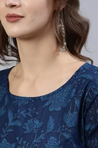 Blue printed pure cotton kurta trouser dupatta set