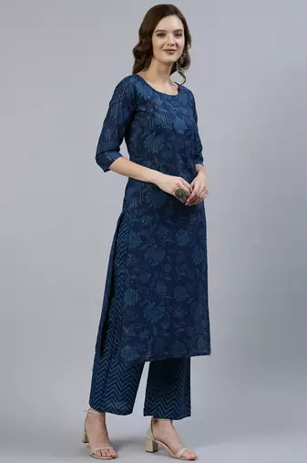 Blue printed pure cotton kurta trouser dupatta set