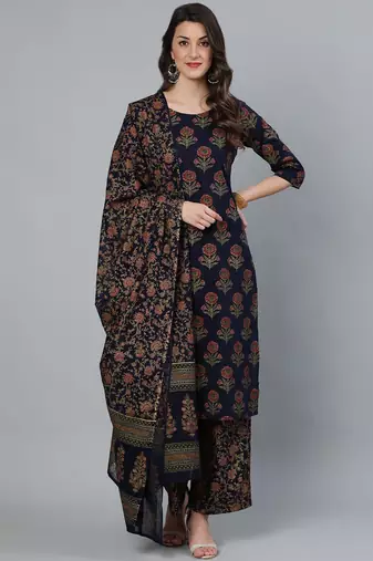 Blue printed pure cotton kurta trouser dupatta set