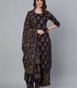 Blue printed pure cotton kurta trouser dupatta set