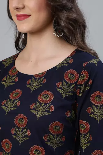 Blue printed pure cotton kurta trouser dupatta set