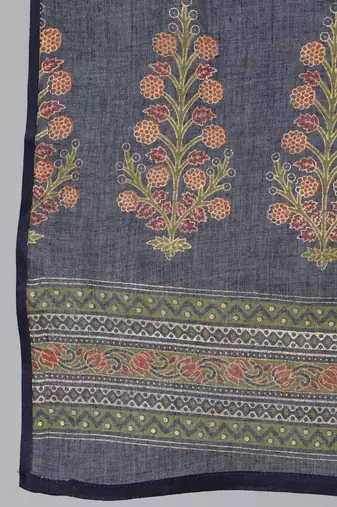 Blue printed pure cotton kurta trouser dupatta set