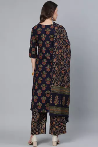 Blue printed pure cotton kurta trouser dupatta set