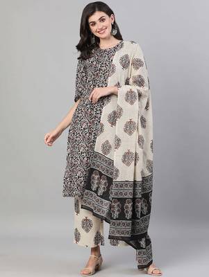 Black printed pure cotton kurta trouser dupatta set 1