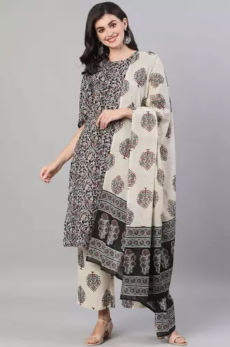 Black printed pure cotton kurta trouser dupatta set