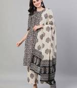Black printed pure cotton kurta trouser dupatta set