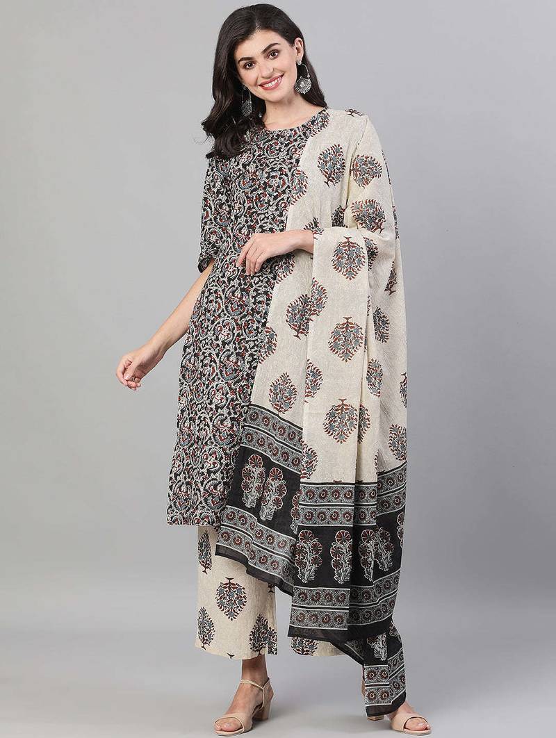 Black printed pure cotton kurta trouser dupatta set
