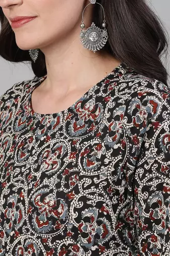 Black printed pure cotton kurta trouser dupatta set