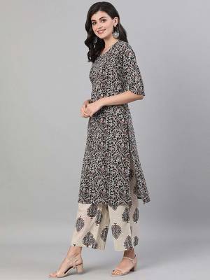 Black printed pure cotton kurta trouser dupatta set 4