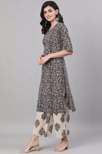 Black printed pure cotton kurta trouser dupatta set