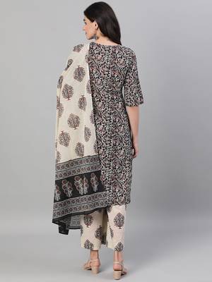 Black printed pure cotton kurta trouser dupatta set 5