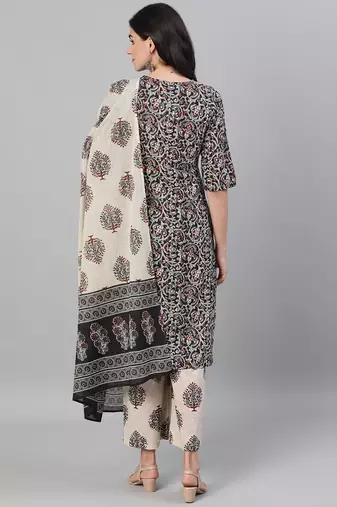 Black printed pure cotton kurta trouser dupatta set
