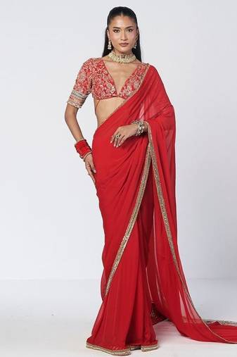 Tabasco red embroidered crepe and organza saree set