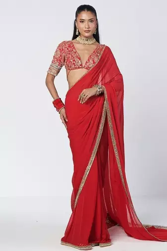 Tabasco red embroidered crepe and organza saree set