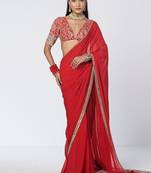 Tabasco red embroidered crepe and organza saree set