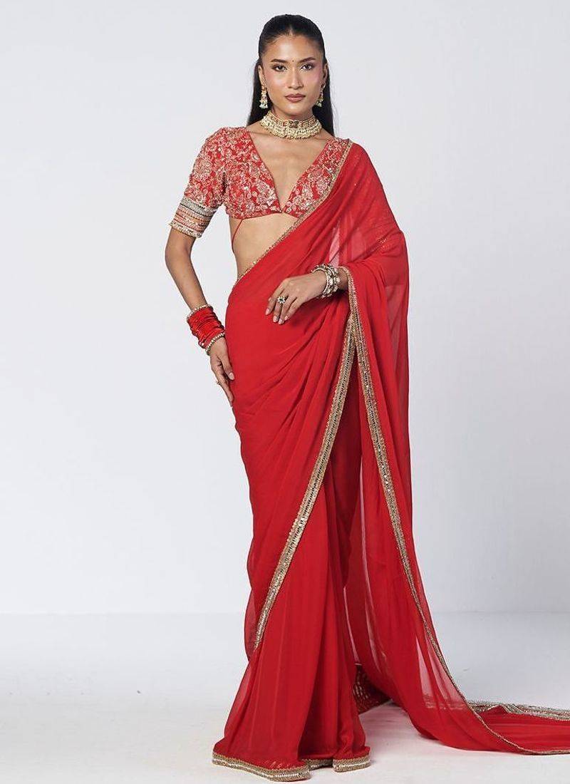 Tabasco red embroidered crepe and organza saree set
