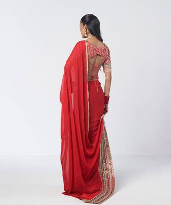 Tabasco red embroidered crepe and organza saree set 2