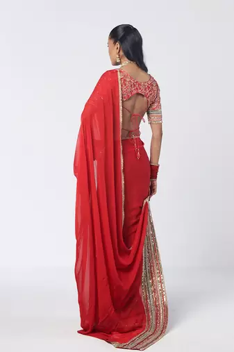 Tabasco red embroidered crepe and organza saree set