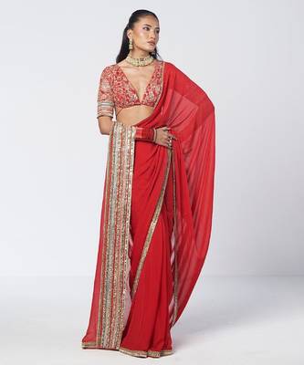 Tabasco red embroidered crepe and organza saree set 3