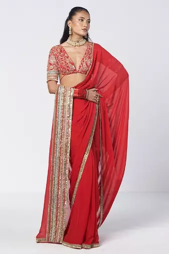 Tabasco red embroidered crepe and organza saree set