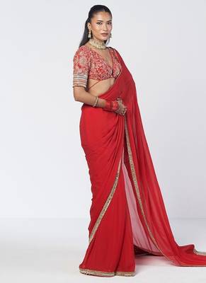 Tabasco red embroidered crepe and organza saree set 4