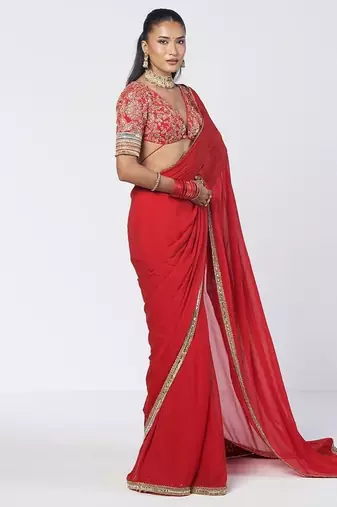 Tabasco red embroidered crepe and organza saree set