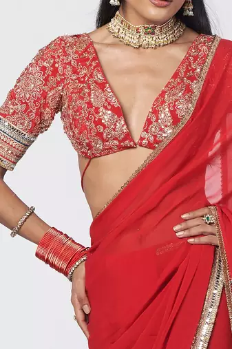 Tabasco red embroidered crepe and organza saree set