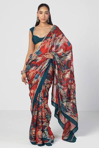 Tabasco red embroidered georgette jacquard and silk chanderi saree set