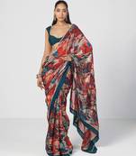 Tabasco red embroidered georgette jacquard and silk chanderi saree set