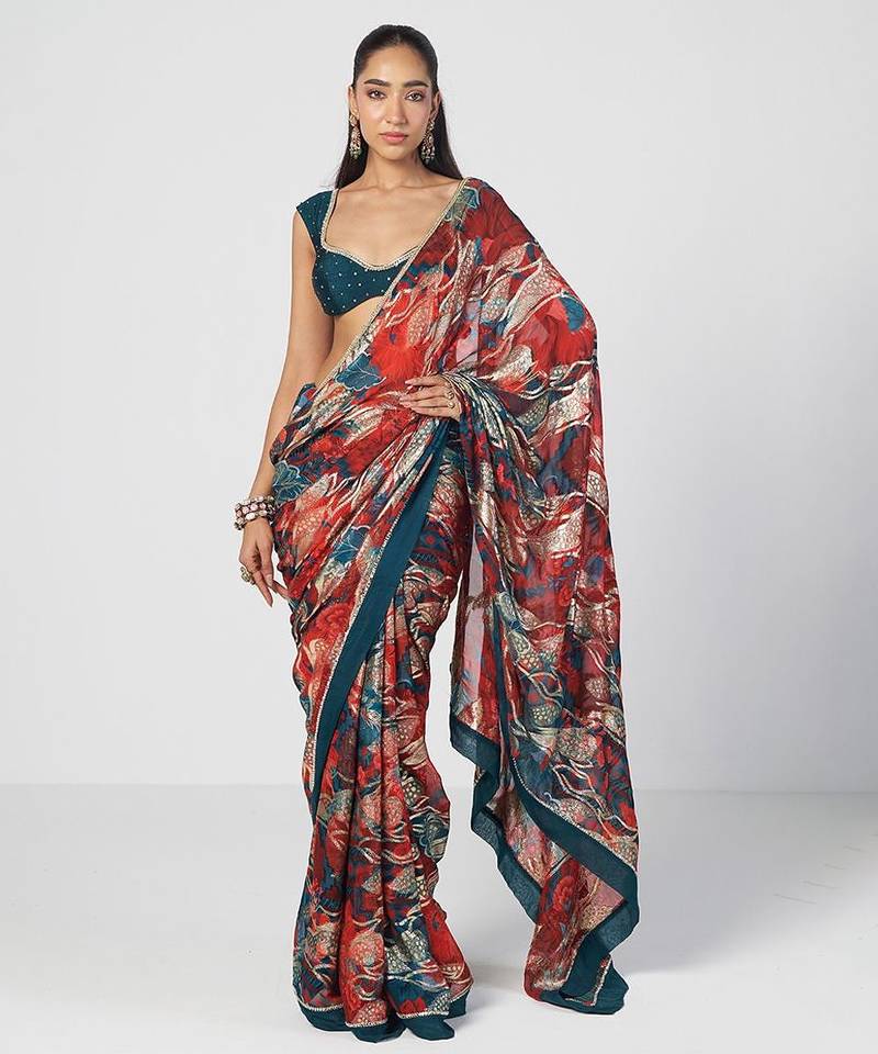 Tabasco red embroidered georgette jacquard and silk chanderi saree set