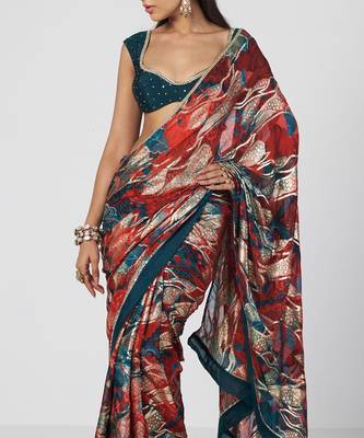 Tabasco red embroidered georgette jacquard and silk chanderi saree set 2