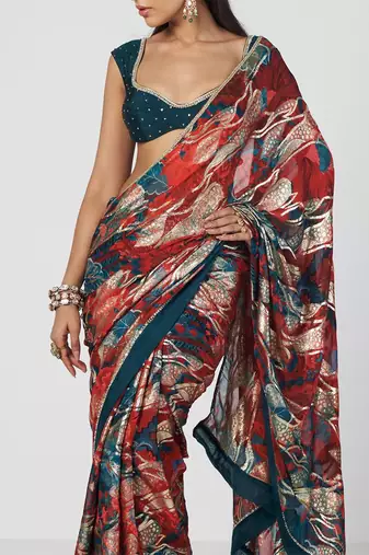 Tabasco red embroidered georgette jacquard and silk chanderi saree set