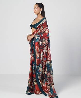 Tabasco red embroidered georgette jacquard and silk chanderi saree set 3